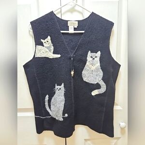 Coldwater Creek Medium Sweater Vest 100% Wool Cat Fish Hang Zip Black Hong Kong